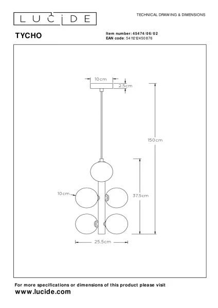 Lucide TYCHO - Hanglamp - Ø 25,5 cm - 6xG9 - Mat Goud / Messing - technisch